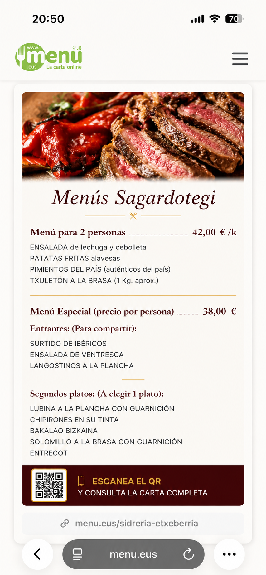 Ejemplo real de carta digital menu.eus